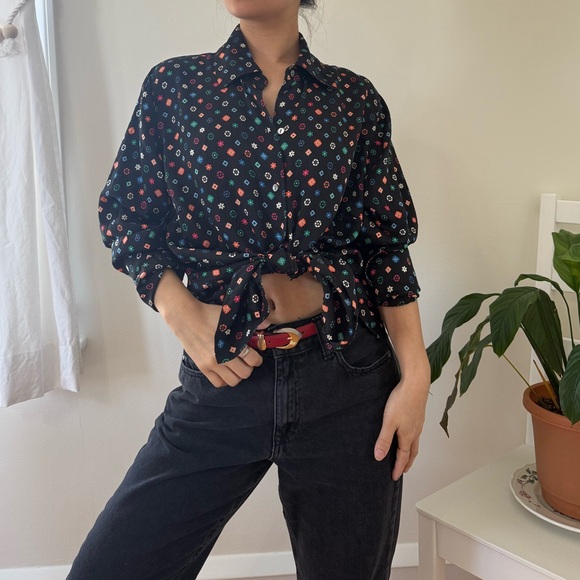 Vintage Kate Hill 100% Silk Black Shirt Multi Colored Floral Retro Vibe Size 14 - Picture 5 of 15